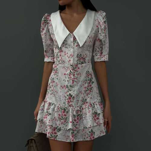 Load image into Gallery viewer, Short Sleeve Floral Mini Dress For Women Robe Turn-down Collar Elegant French Dress Ladies Fashion High Waist Dresses
