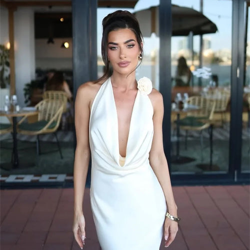 Load image into Gallery viewer, Satin Halter Backless Sexy Maxi Dress Women Gown Elegant Solid Sleeveless Lace-up High Waist Evening Club Long Dress
