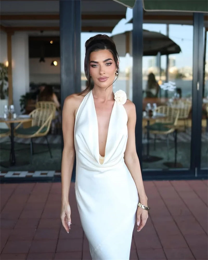 Satin Halter Backless Sexy Maxi Dress Women Gown Elegant Solid Sleeveless Lace-up High Waist Evening Club Long Dress