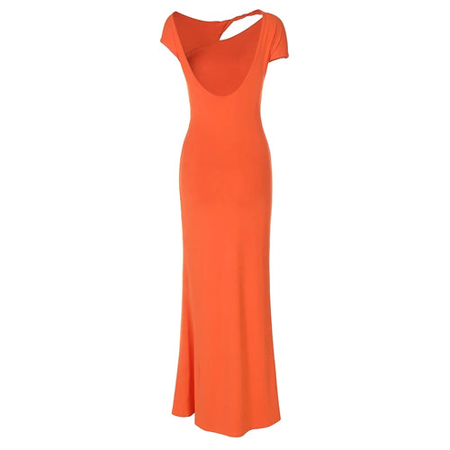 Load image into Gallery viewer, Hollow Out Backless Sexy Maxi Dress For Women Fashion Metal Buckle Solid Short Sleeve High Waist Slim Fit Long Dress
