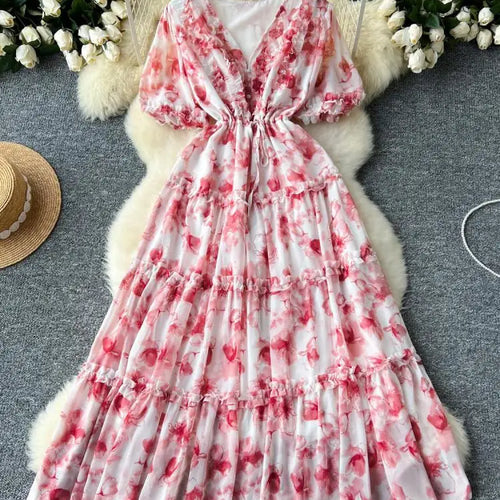 Load image into Gallery viewer, French Retro Women Floral Temperament V Neck Short Sleeved Ruffles Long Dress Summer Elegant Lace-up Party Pleated Dresses Boho
