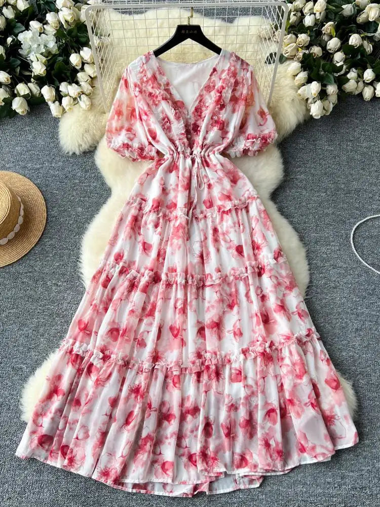 French Retro Women Floral Temperament V Neck Short Sleeved Ruffles Long Dress Summer Elegant Lace-up Party Pleated Dresses Boho