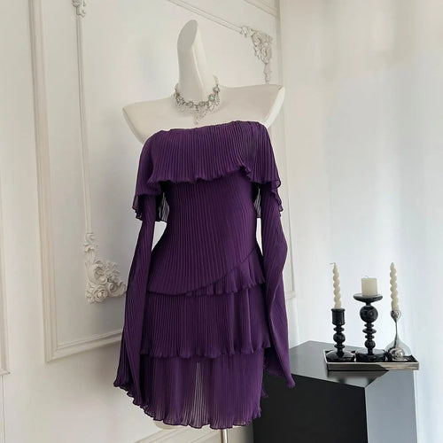 Load image into Gallery viewer, French Vintage Women Autumn Purple Long Sleeve Off Shoulder Mini Dress Fashion Backless Festival Party Slim Short Evening Dress
