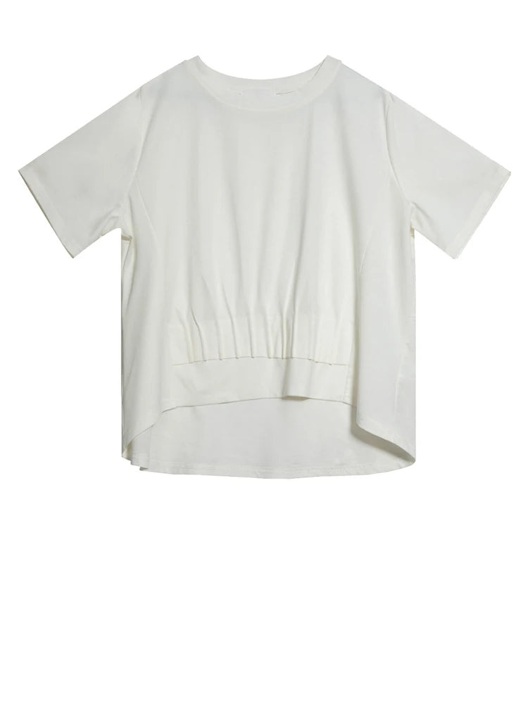 Women White Pleated Irregular Big Size Casual T-shirt New Round Neck Short Sleeve Fashion Tide Spring Summer 2025  1DJ0961