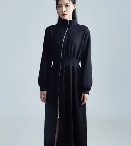 Women Black Zipper Slit Big Size Midi Dress New Half High Collar Long Sleeve Loose Fit Fashion Spring Autumn 2025 1DH2442