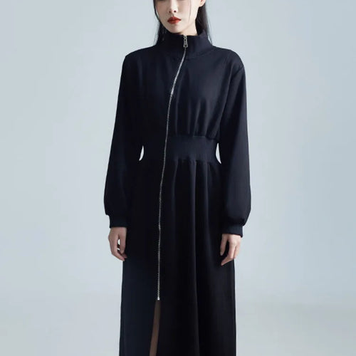 Load image into Gallery viewer, Women Black Zipper Slit Big Size Midi Dress New Half High Collar Long Sleeve Loose Fit Fashion Spring Autumn 2025 1DH2442
