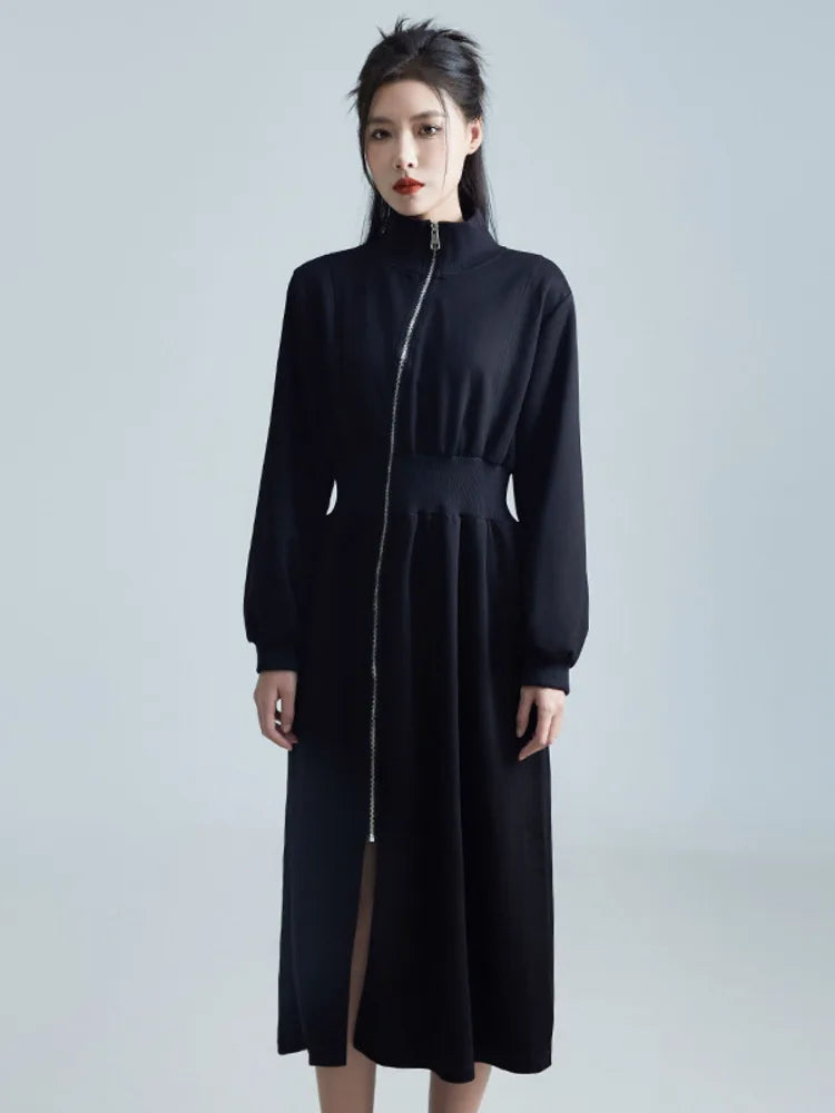 Women Black Zipper Slit Big Size Midi Dress New Half High Collar Long Sleeve Loose Fit Fashion Spring Autumn 2025 1DH2442