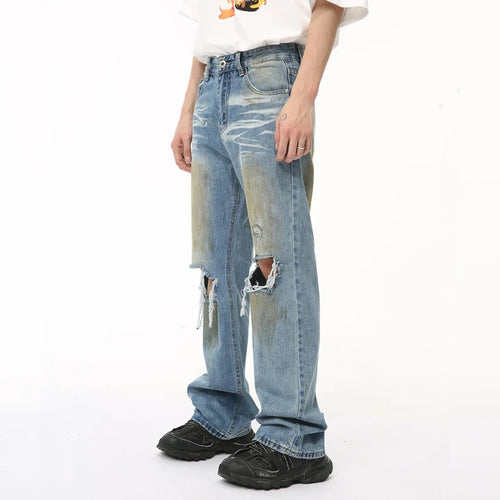 Load image into Gallery viewer, Niche Style Male Denim Pants New Worn-out Hole Contrast Color Stright Jeans Casual Wide Leg Men&#39;s Trousers Summer 9C6507
