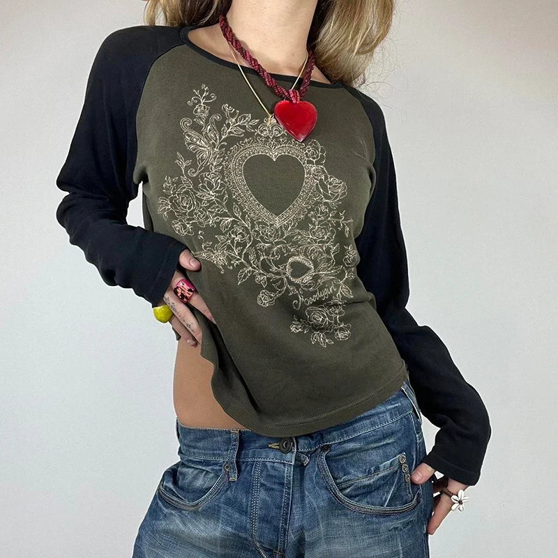Fairycore Graphic Printed Y2K Tees Women Long Sleeve Vintage Aesthetic Raglan Sleeve Autumn T-shirt 90s Pullover Tops