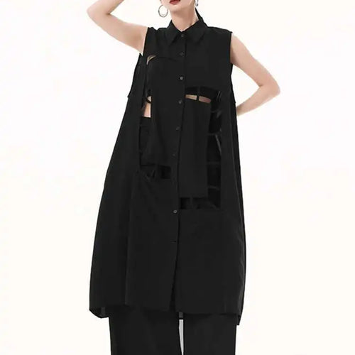 Load image into Gallery viewer, Women Army Green Hollow Out Big Size Midi Casual Dress New Lapel Sleeveless Fashion Tide Spring Summer 2025 1DH9512
