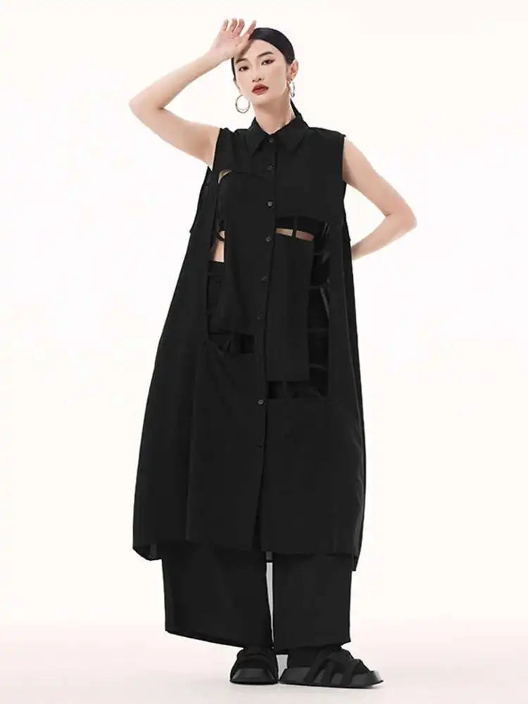 Women Army Green Hollow Out Big Size Midi Casual Dress New Lapel Sleeveless Fashion Tide Spring Summer 2025 1DH9512