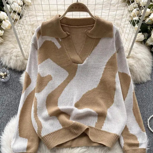 Load image into Gallery viewer, Korean Long Sleeved Patchwork Office Crochet Sweater For Women Autumn Winter Holiday Knit Pullover Tops Fashion Casual Popular
