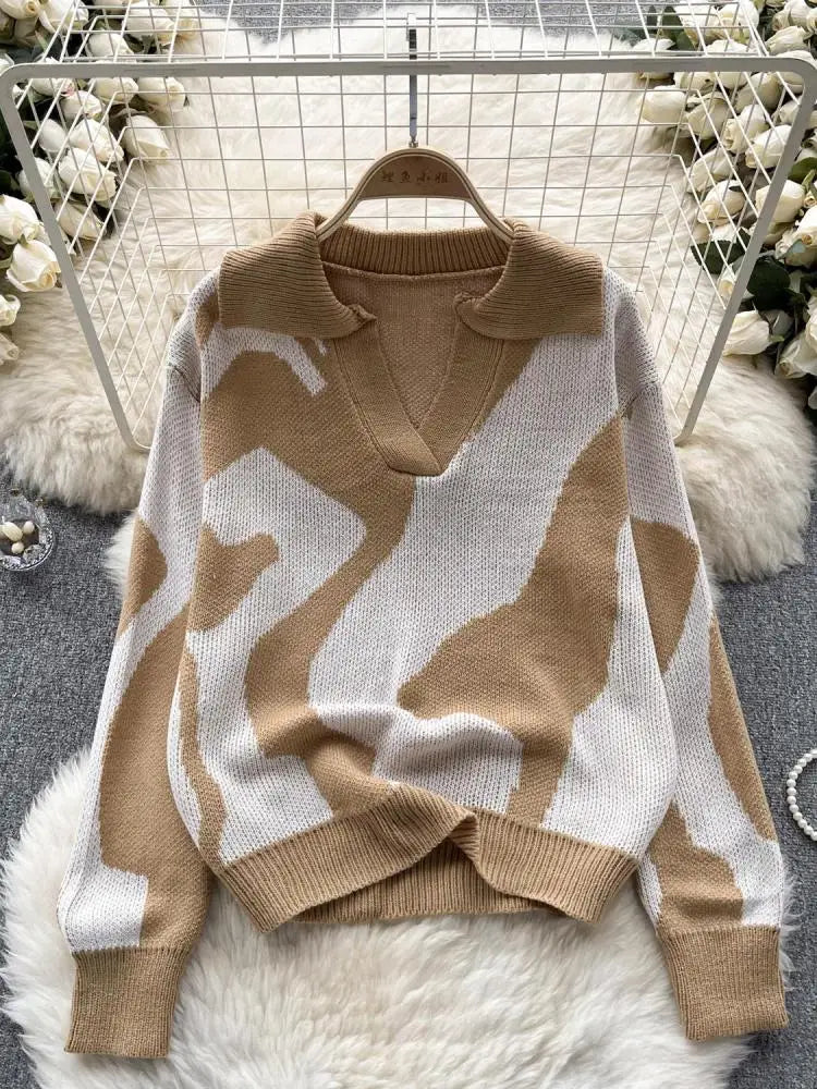 Korean Long Sleeved Patchwork Office Crochet Sweater For Women Autumn Winter Holiday Knit Pullover Tops Fashion Casual Popular