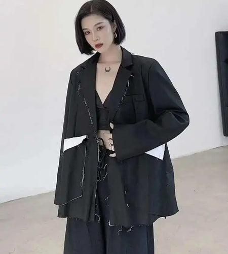 Women Black Color-block Burr Big Size Blazer New Lapel Long Sleeve Loose Fit Jacket Fashion Spring Autumn 2025 1DF1116