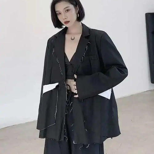 Load image into Gallery viewer, Women Black Color-block Burr Big Size Blazer New Lapel Long Sleeve Loose Fit Jacket Fashion Spring Autumn 2025 1DF1116
