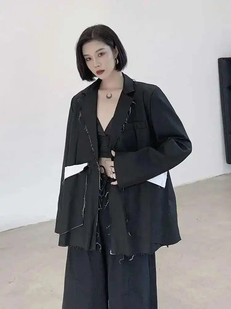 Women Black Color-block Burr Big Size Blazer New Lapel Long Sleeve Loose Fit Jacket Fashion Spring Autumn 2025 1DF1116