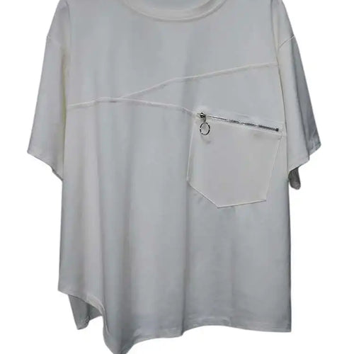 Load image into Gallery viewer, Women Black Irregular Hem Zipper Big Size Casual T-shirt New Round Neck Short  Sleeve Fashion Spring Summer 2025 1DJ0619
