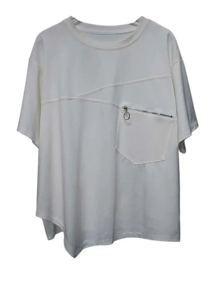 Women Black Irregular Hem Zipper Big Size Casual T-shirt New Round Neck Short  Sleeve Fashion Spring Summer 2025 1DJ0619