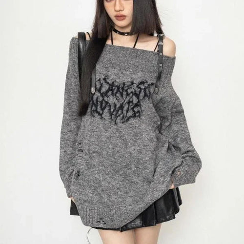Load image into Gallery viewer, Harajuku Gothic Sexy Off Shoulder Knitted Jumpers Grunge Jacquard Sweater Fashion Knitwear Y2k Aesthetic Slash Neck Pullover

