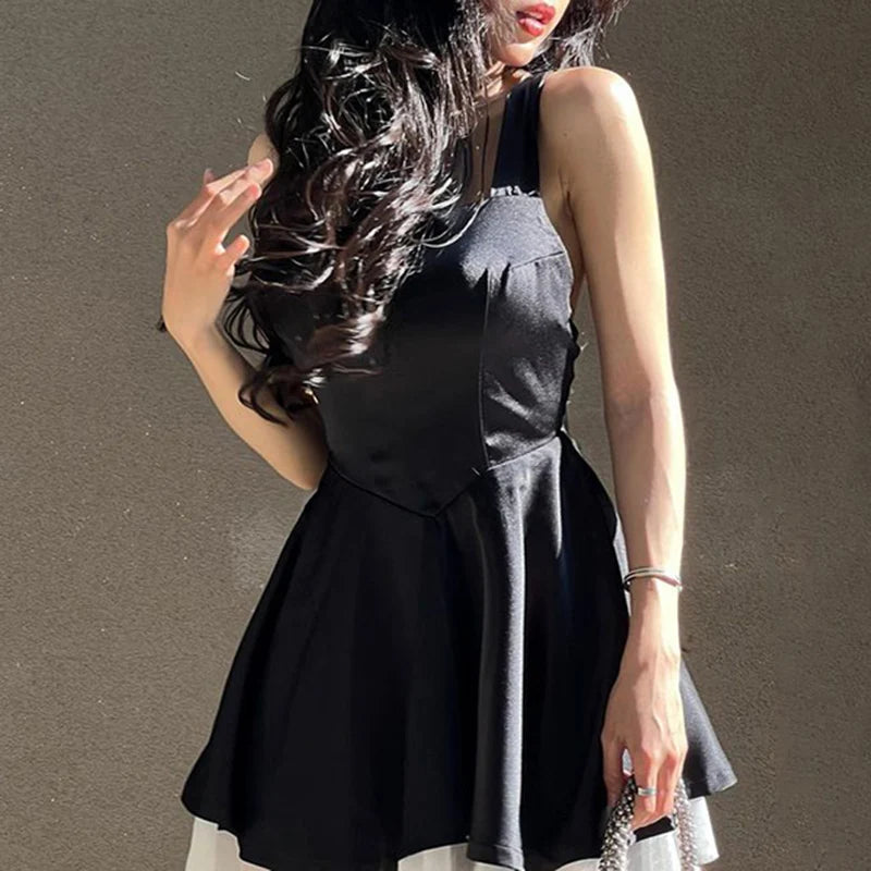 Korean Fashion Backless Black Tie-Up Bow Summer Dress Women Mesh Spliced Sweet A-Line Sleeveless Sundress Chic French