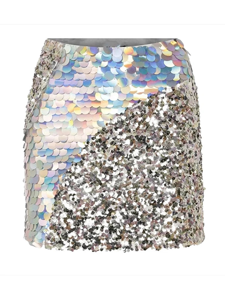 Colorblock Patchwork Sequins Mini Bodycon Skirt For Women High Waist Slimming Sexy Skirts Female Fashion Clothes