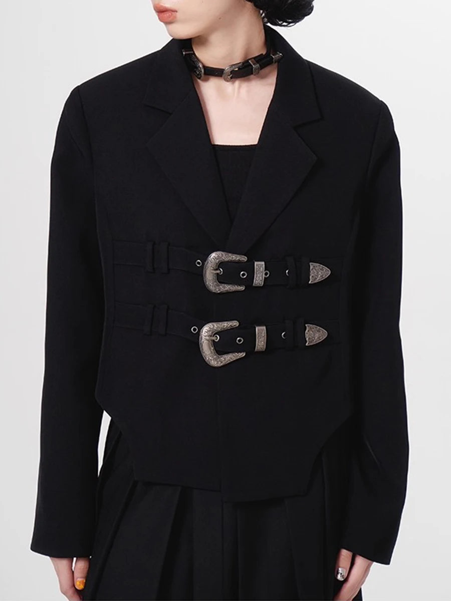 Solid Loose Spliced Belts Temperament Jackets for Women Lapel Long Sleeves Minimalist Jacket Female Clothing New