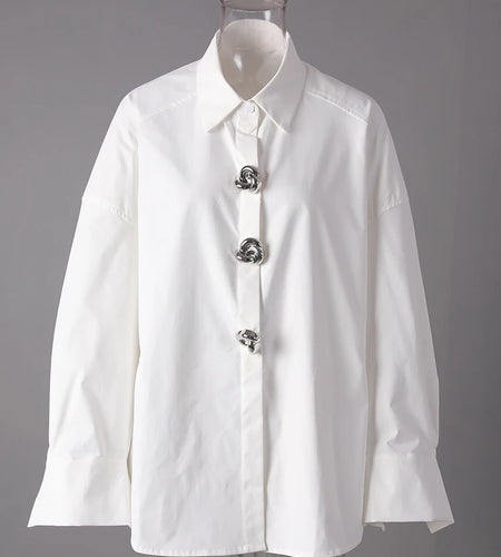 Women White Flower Button Big Size Casual Blouse New Lapel Long Sleeve Shirt Fashion Tide Spring Autumn 2025 1DJ0816