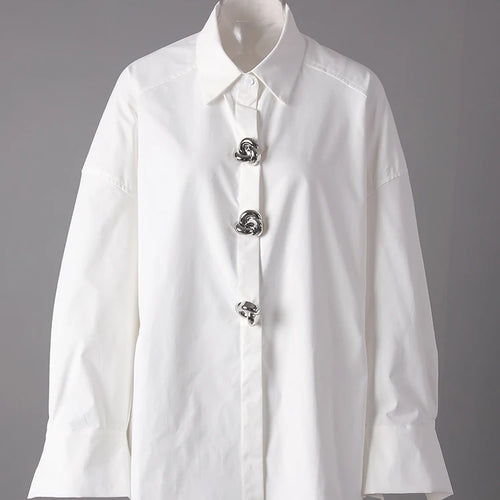 Load image into Gallery viewer, Women White Flower Button Big Size Casual Blouse New Lapel Long Sleeve Shirt Fashion Tide Spring Autumn 2025 1DJ0816
