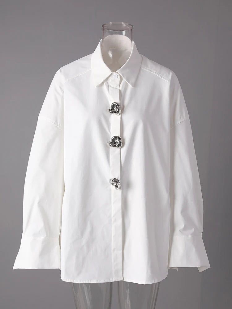 Women White Flower Button Big Size Casual Blouse New Lapel Long Sleeve Shirt Fashion Tide Spring Autumn 2025 1DJ0816