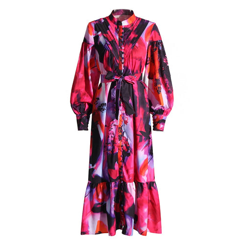 Load image into Gallery viewer, Patchwork Button Hit Color Dresses For Women Stand Collar Long Sleeve High Wiast Elegant Print Dress Female Summer
