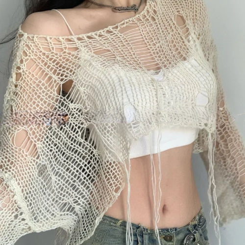 Load image into Gallery viewer, Summer Fairy Hollow Out Streetwear Crop T-shirts Grunge Loose Y2k Aesthetic Tees Harajuku Vintage Casual Knitted Tops Women
