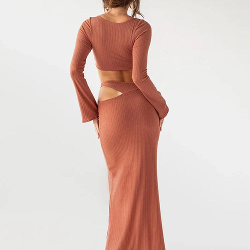 Load image into Gallery viewer, Sexy V-neck Hollow Out Maxi Dress Women Brown Long Sleeve Elegant Dress Female Summer Skinny Fashion Party Clubwear 2022
