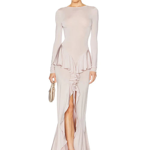 Load image into Gallery viewer, Backless Ruffled Sexy Maxi Dress For Women Gown Fashion O Neck Long Sleeve Thigh High Split Evening Long Dress Elegant
