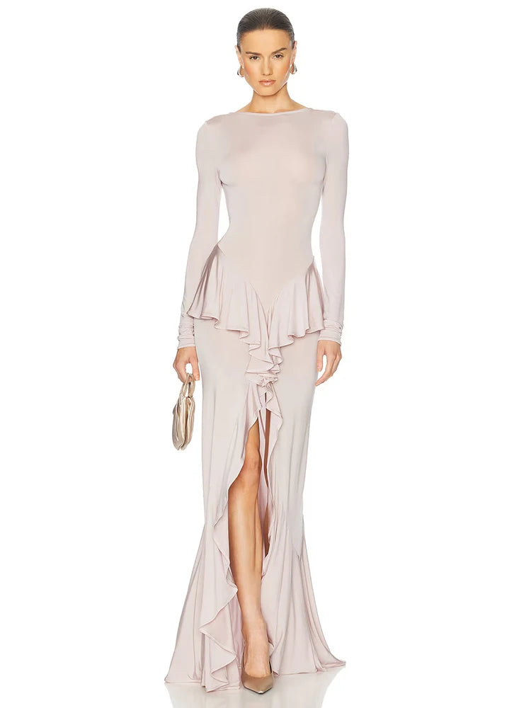 Backless Ruffled Sexy Maxi Dress For Women Gown Fashion O Neck Long Sleeve Thigh High Split Evening Long Dress Elegant