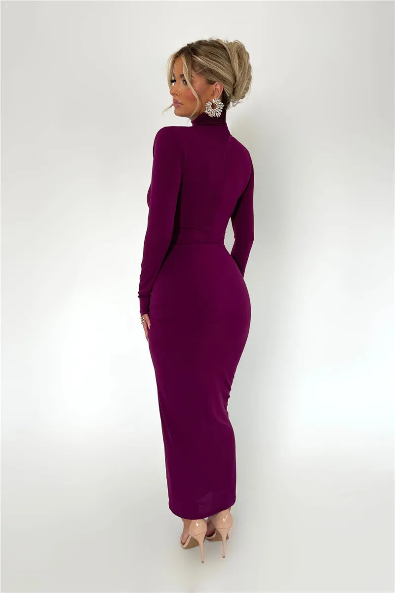Elegant Turtleneck Long Sleeve Bodycon Maxi Dress Women Autumn Winter New Ruched Club Party Sexy Dress Vestidos