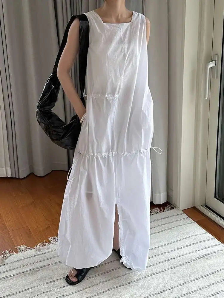 Women White Gray Big Size Long Elegant Thin Dress New Square Collar Sleeveless Fashion Tide Spring Summer 2025 1DH6054