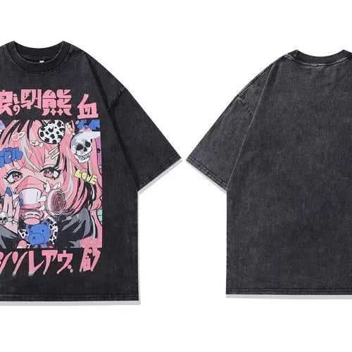 Load image into Gallery viewer, Vintage Black T-Shirt Harajuku Japanese Anime Cartoon Girl Skull Graphic Print Washed Tshirt 2024 Hip Hop Punk Loose Cotton Tops
