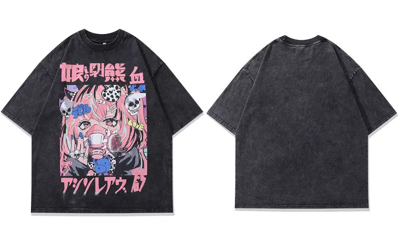 Vintage Black T-Shirt Harajuku Japanese Anime Cartoon Girl Skull Graphic Print Washed Tshirt 2024 Hip Hop Punk Loose Cotton Tops