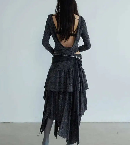 Dark Gray Knitting T-shirt Half-body Skirt Two Pieces Suit New V-Neck Long Sleeve Women Fashion Spring Autumn 2025 1DH7078