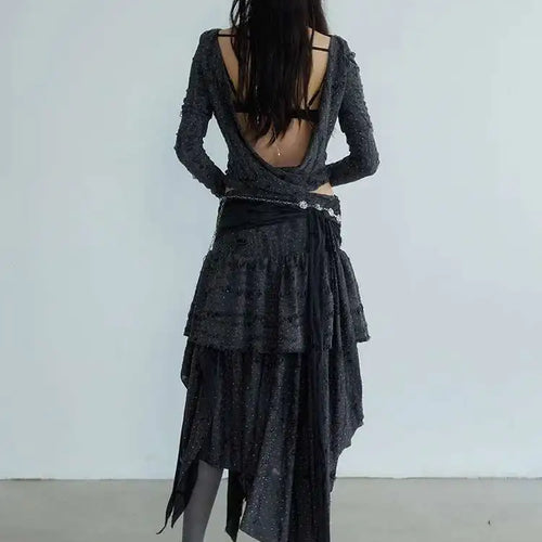 Load image into Gallery viewer, Dark Gray Knitting T-shirt Half-body Skirt Two Pieces Suit New V-Neck Long Sleeve Women Fashion Spring Autumn 2025 1DH7078
