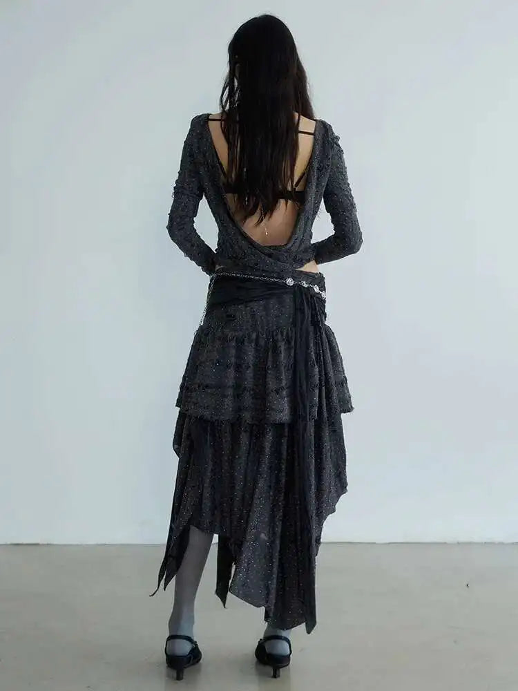 Dark Gray Knitting T-shirt Half-body Skirt Two Pieces Suit New V-Neck Long Sleeve Women Fashion Spring Autumn 2025 1DH7078