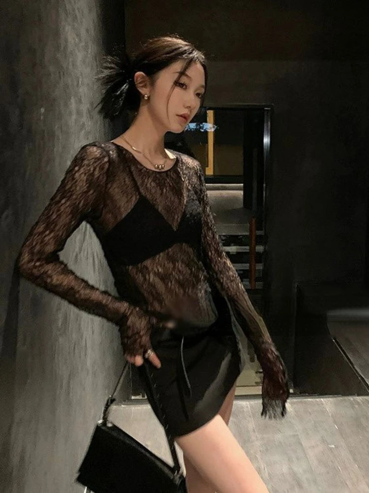 Y2K Hollow Out Knitted Smock Top Vintage Slim Fit T-shirt Women Gothic Crochet Pullovers Casual Y2k Aesthetic Tshirts Grunge