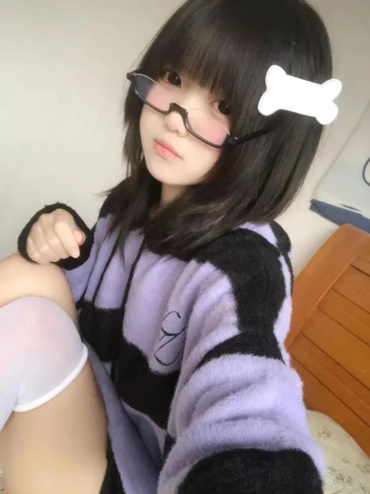 Streetwear Contrast Color Stripe Grunge Sweaters Y2k Aesthetic Loose Casual Pullovers Women Drawstring Hooded Harajuku Jumpers