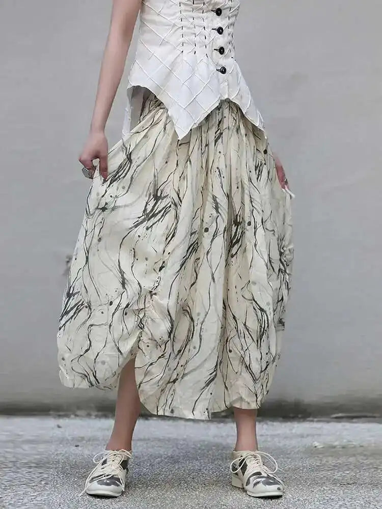 High Elastic Waist Apricot Pattern Printed Long Vintage Half-body Skirt Women Fashion Tide New Spring Autumn 2025 1DF7968