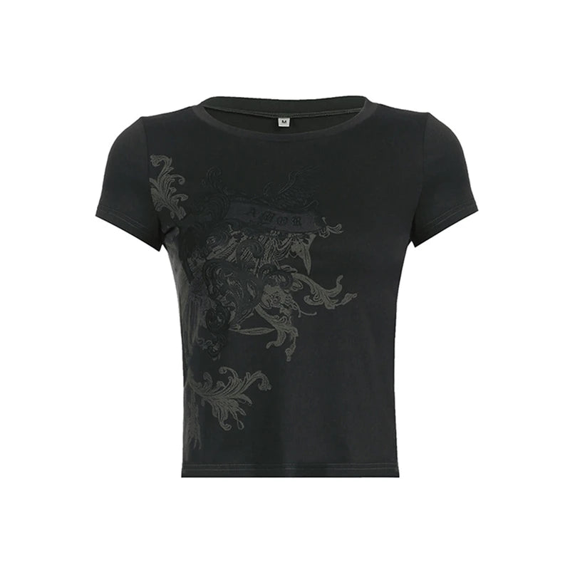 y2k Fairy Grunge Tops Summer Vintage Floral Print Short Sleeve Tshirt 2000s Aesthetic Women Harajuku Tee Streetwear