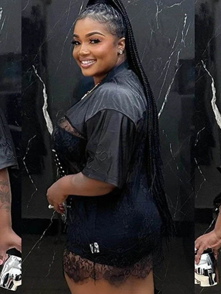 Loose Jacquard Letter Print T-Shirts Women V-Neck See Through Backless Short Sleeve Y2K Sexy Trend Streetwear Tops