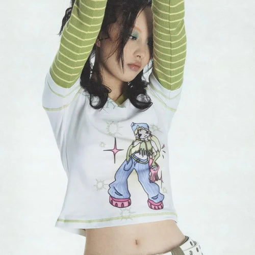 Load image into Gallery viewer, 2025 E-girl Fake Two Piece Striped Patchwork Long Sleeve Tshirts Women Harajuku Cartoon Graphic Tee Y2k Tops Aesthetic T-shirt
