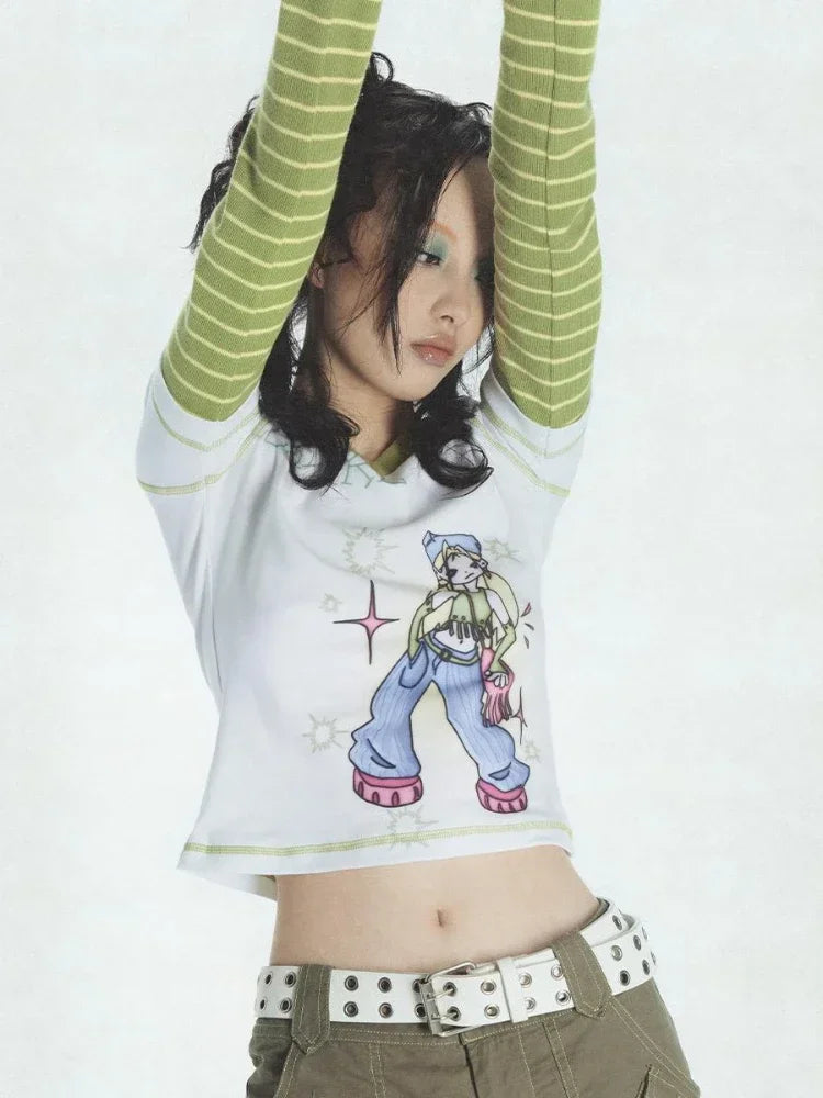 2025 E-girl Fake Two Piece Striped Patchwork Long Sleeve Tshirts Women Harajuku Cartoon Graphic Tee Y2k Tops Aesthetic T-shirt