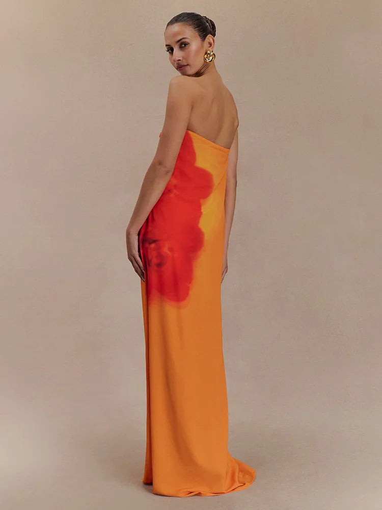 Floral Print Strapless Sexy Maxi Dress For Women Gown Off-shoulder Backless Sleeveless Elegant Long Dress Fashion