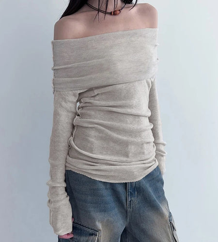 Casual Slash Neck Stitch Female T-shirt Off Shoulder Top Slim Folds Basic Korean Tee Long Sleeve Pullovers Japanese